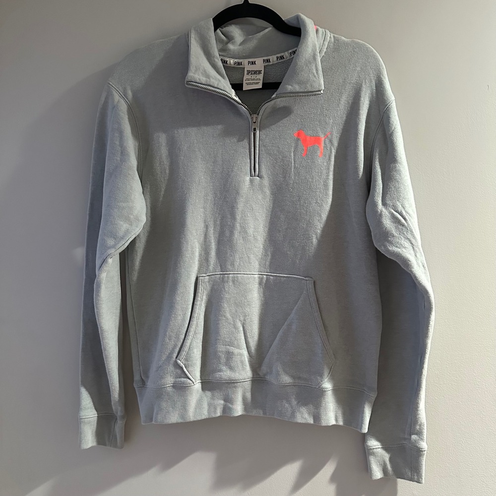 PINK Victoria's Secret Gray Quarter Zip Pullover Neon Orange Dog Logo Small